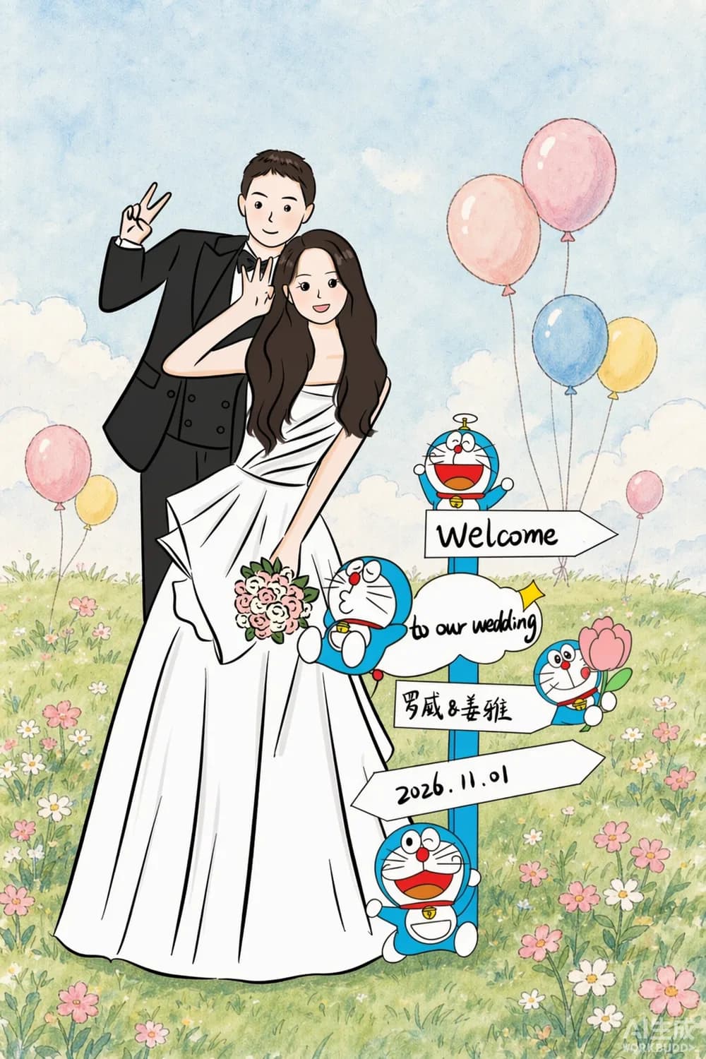 罗威与姜雅的婚礼插画,哆啦A梦指路牌写着 Welcome to our wedding 与 2026.11.01